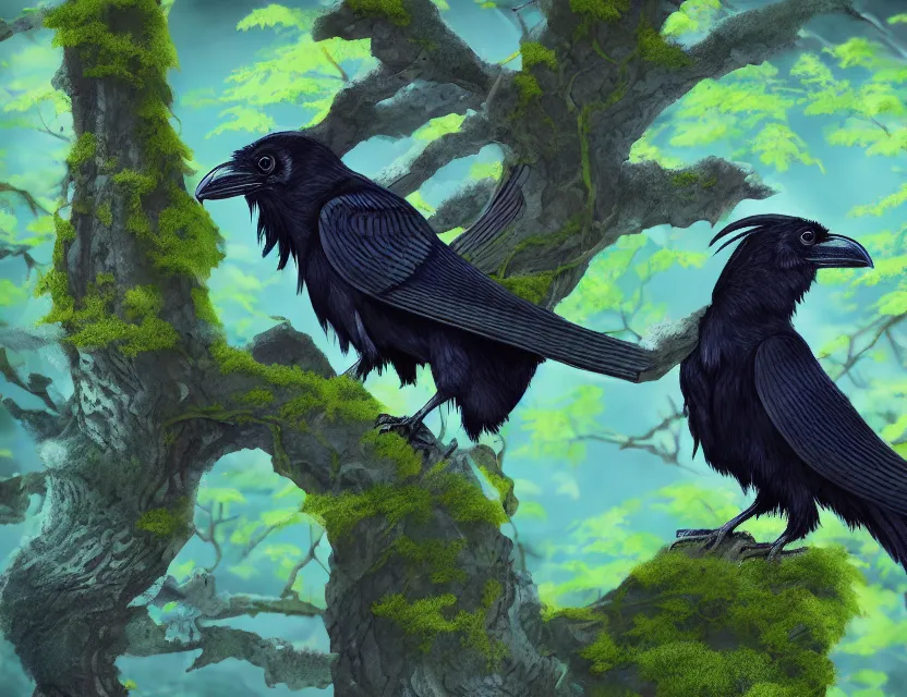 Prompt: female raven yokai in the lichen woods. safe for work, complementary colors, anime still, luminescent, 4 k, chiaroscuro, rimlight.