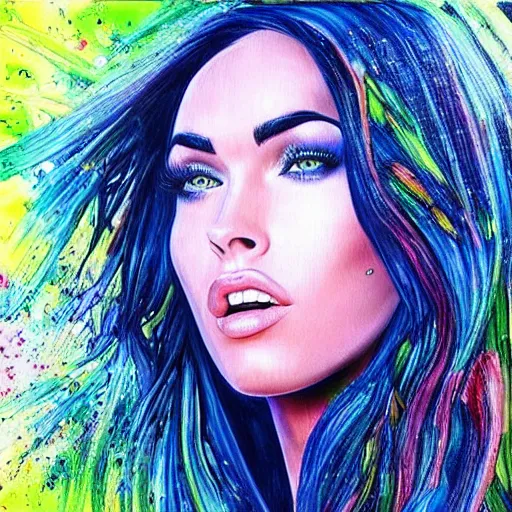 Image similar to “Megan Fox acid paints paintings, ultra detailed portrait, 4k resolution”