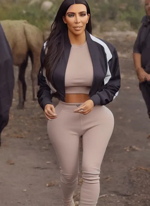 Image similar to Kim kardashian wearing a tracksuit, backround: caravan, uhd, photo: realistic, 4k, cinematic, faint light, wide shot, cigarette in hand