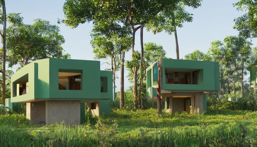 Image similar to An architectural rending of an eco-community neighborhood of innovative contemporary 3D printed sea ranch style cabins with rounded corners and angles, beveled edges, made of cement and concrete, organic architecture, in a lush green eco community with side walks, parks and public space , Designed by Gucci and Wes Anderson, golden hour