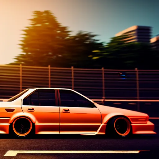 Prompt: a car drifting JZX100 on Ebisu Circuit, Shibuya prefecture, city sunset, cinematic color, photorealistic, highly detailed, bokeh, DOF, octane render