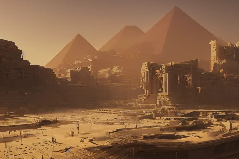 Image similar to futuristic oriental egyptian city, matte painting, long shot, concept art, wide shot, digital art, trending on artstation, 4 k, extremely detailed, realistic, midday, warm colors, golden sunlight, by greg rutkowski, cinematic, epic