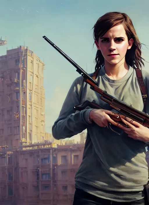 Prompt: highly detailed painting of emma watson holding a shotgun in gta v, stephen bliss, unreal engine, fantasy art by greg rutkowski, loish, rhads, ferdinand knab, makoto shinkai and lois van baarle, ilya kuvshinov, rossdraws, tom bagshaw, global illumination, radiant light, detailed and intricate environment