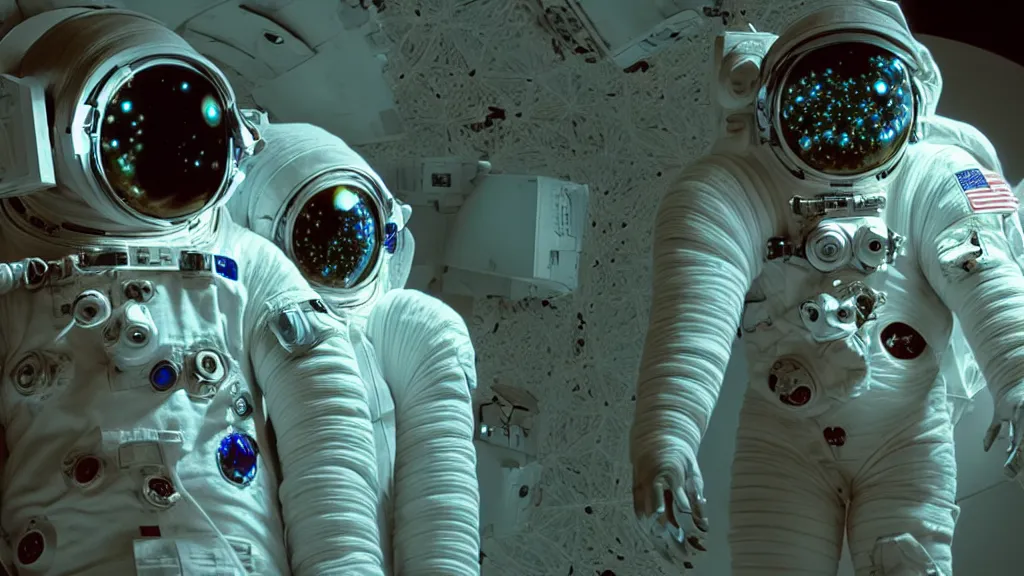 Image similar to a cybernetic symbiosis of a single astronaut eva suit with diamond 3d fractal lace iridescent bubble 3d skin covered with insectoid compound eye camera lenses floats through the living room, film still from the movie directed by Denis Villeneuve with art direction by Salvador Dalí, wide lens,