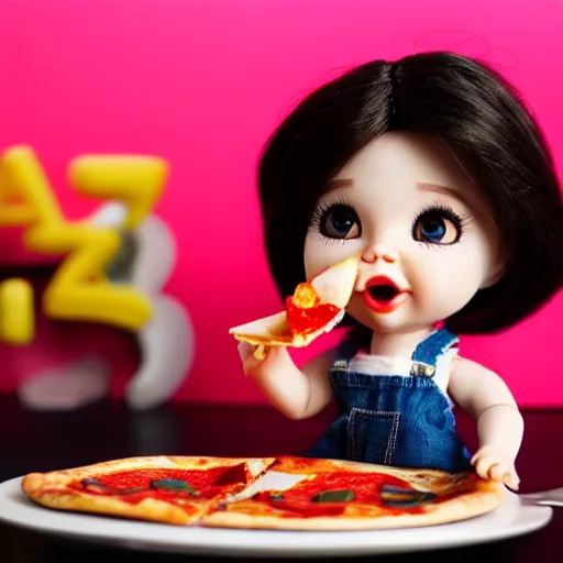 Prompt: still photo of an lol surprise doll eating pizza, highly detailed, photorealistic portrait, bright studio setting, studio lighting, crisp quality and light reflections, unreal engine 5 quality render