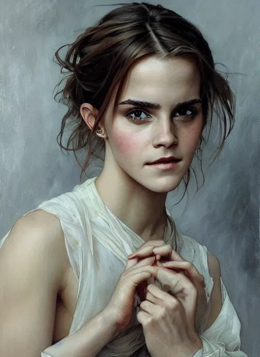 Image similar to oil painting of emma watson giving biting her lip seductive look. beautiful detailed face. by artgerm and greg rutkowski and alphonse mucha