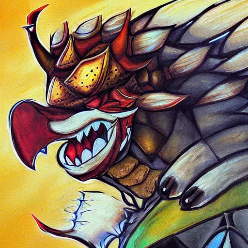 Prompt: a beautiful intricate painting of bowser by rj palmer