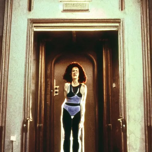 Image similar to detailed professional photographic portrait of Sigourney Weaver as ripley wearing a white singlet and her cat Jonesy moving apartment New York City 1983, gothic building entrance way Art Deco light style of H.R. Giger, cinematic feel, high octane