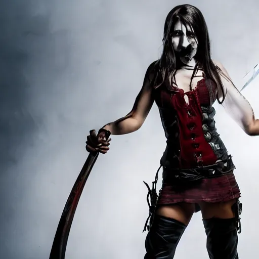 Image similar to long shot photo of a female vampire warrior with weapons