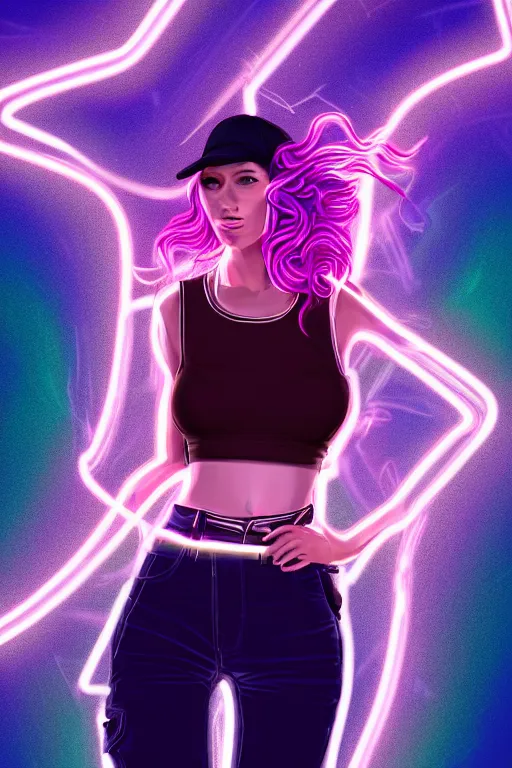 Image similar to a award winning half body portrait of a beautiful woman in a croptop and cargo pants with ombre purple pink teal hairstyle and hands in pockets by ari liloan, surrounded by whirling illuminated lines, outrun, vaporware, shaded flat illustration, digital art, trending on artstation, highly detailed, fine detail, intricate