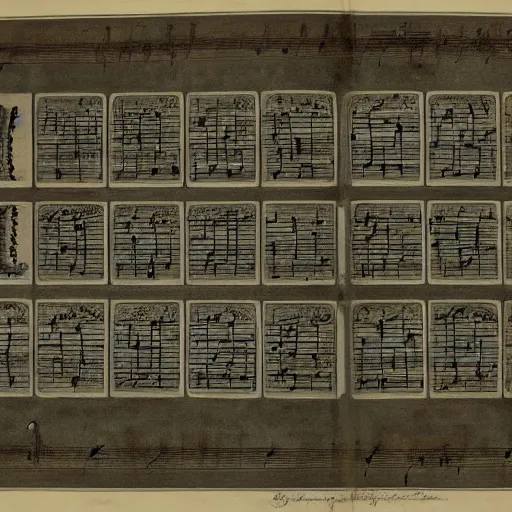 Prompt: music score drawn by botticelli, opera, symphony, musical notes, musical score, detailed