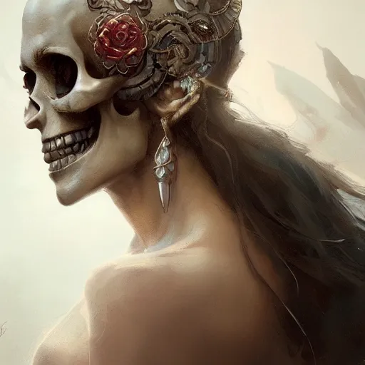 Image similar to a beautiful portrait of a skull goddess by Greg Rutkowski and Raymond Swanland, Trending on Artstation, ultra realistic digital art