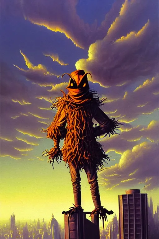 Prompt: classic oil painting, an evil scarecrow, as a dnd character, standing on top of a building surrounded by skyscrapers in a dense urban city, highly detailed, digital illustration, cumulus clouds, concept art, smooth, sharp focus, art by tim hildebrandt, and greg hildebrandt