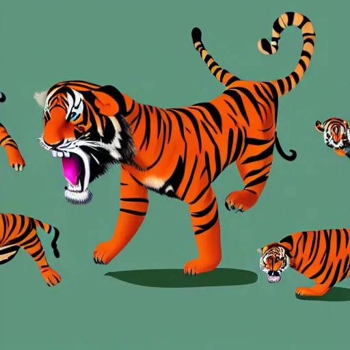 Prompt: digital art of cave people chased by tigers