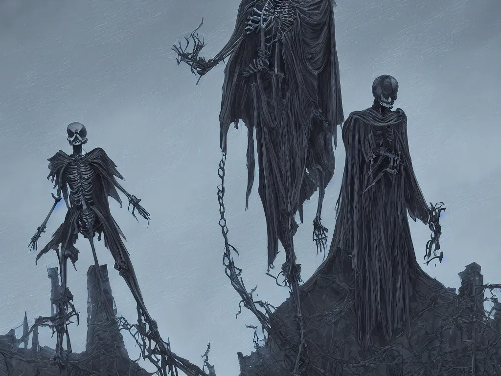 Prompt: beautiful digital art of a tall skeleton wearing a dark cloak standing menacingly on a rooftop. thin blue lines can be seen coming out from his chest. night time. heavily forested dark lighting. immensely detailed. featured on artstation. by lixin yin, mingchen shen