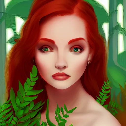 Image similar to a portrait of a redhead woman and ancient ruins with plants,digital art,retrowave art,trending on art station