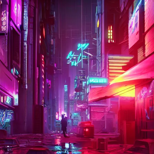 Prompt: Cyberpunk city, alley, neon and hologram, cinematic lighting, artstation, cgsociety, concept art, highly detailed and realistic