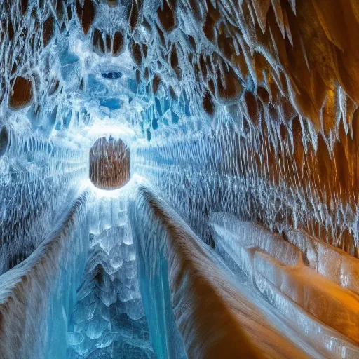 Image similar to a beautiful wide angle photograph of a huge room in an underground cave, magnificent ice formations, colourfully illuminated, incredibly detailed and sharp, award-winning photograph from national geographic image collection