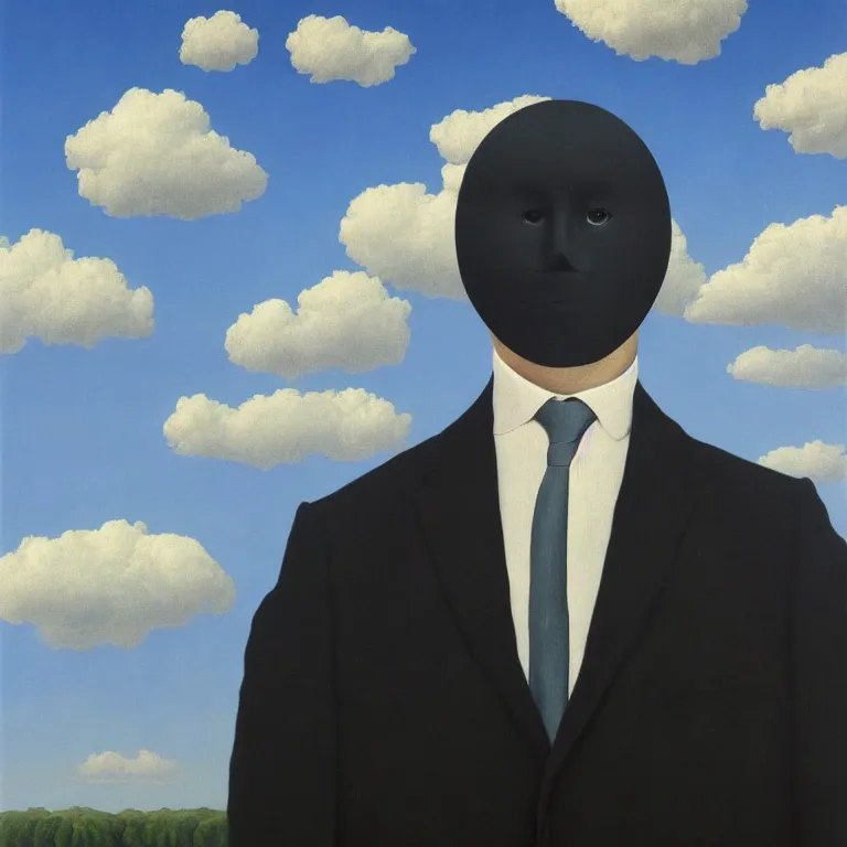 Image similar to portrait of a faceless shadow - head man in a suit, clouds in the background, by rene magritte, detailed painting, distance, middle centered, hd, hq, high resolution, high detail, 4 k, 8 k