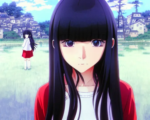 Image similar to beautiful anime girl with long black hair and bangs, red eyes, wearing a white sweater, fine details portrait, village in the background, bokeh. anime masterpiece by Studio Ghibli. illustration, sharp high-quality anime illustration in style of Ghibli, Ilya Kuvshinov, Artgerm