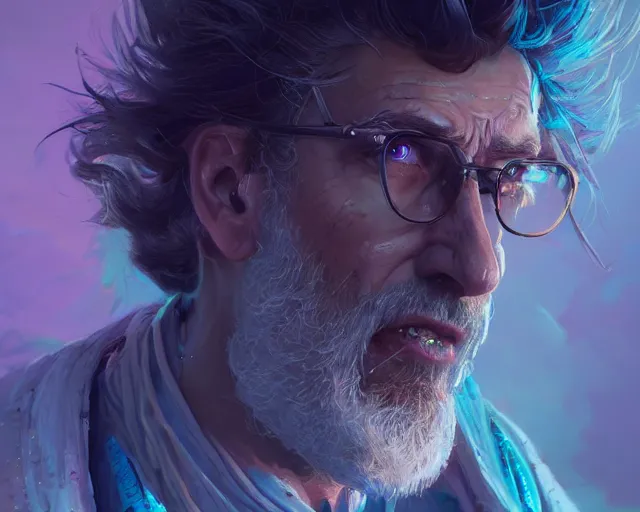 Image similar to fantasy portrait of rick sanchez, intricate abstract. intricate artwork, by greg rutkowski, wlop, beeple, dan mumford. concept art, octane render, trending on artstation, greg rutkowski very coherent symmetrical artwork. cinematic, key art, hyper realism, high detail, octane render, 8 k, iridescent accents