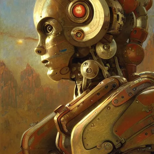 Image similar to highly detailed portrait of an humanoid robotic alien mecha, painting by gaston bussiere, craig mullins, j. c. leyendecker, lights, art by ernst haeckel, john william godward, hammershøi,