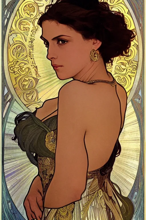 Image similar to portrait of monica belucci from the movie malena, artwork by alphonse mucha