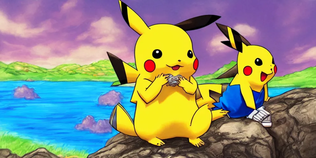 Prompt: ! dream pikachu smoking a fat blunt with ash sitting on a rock next to a river, bright blue sky colorful detailed drawing