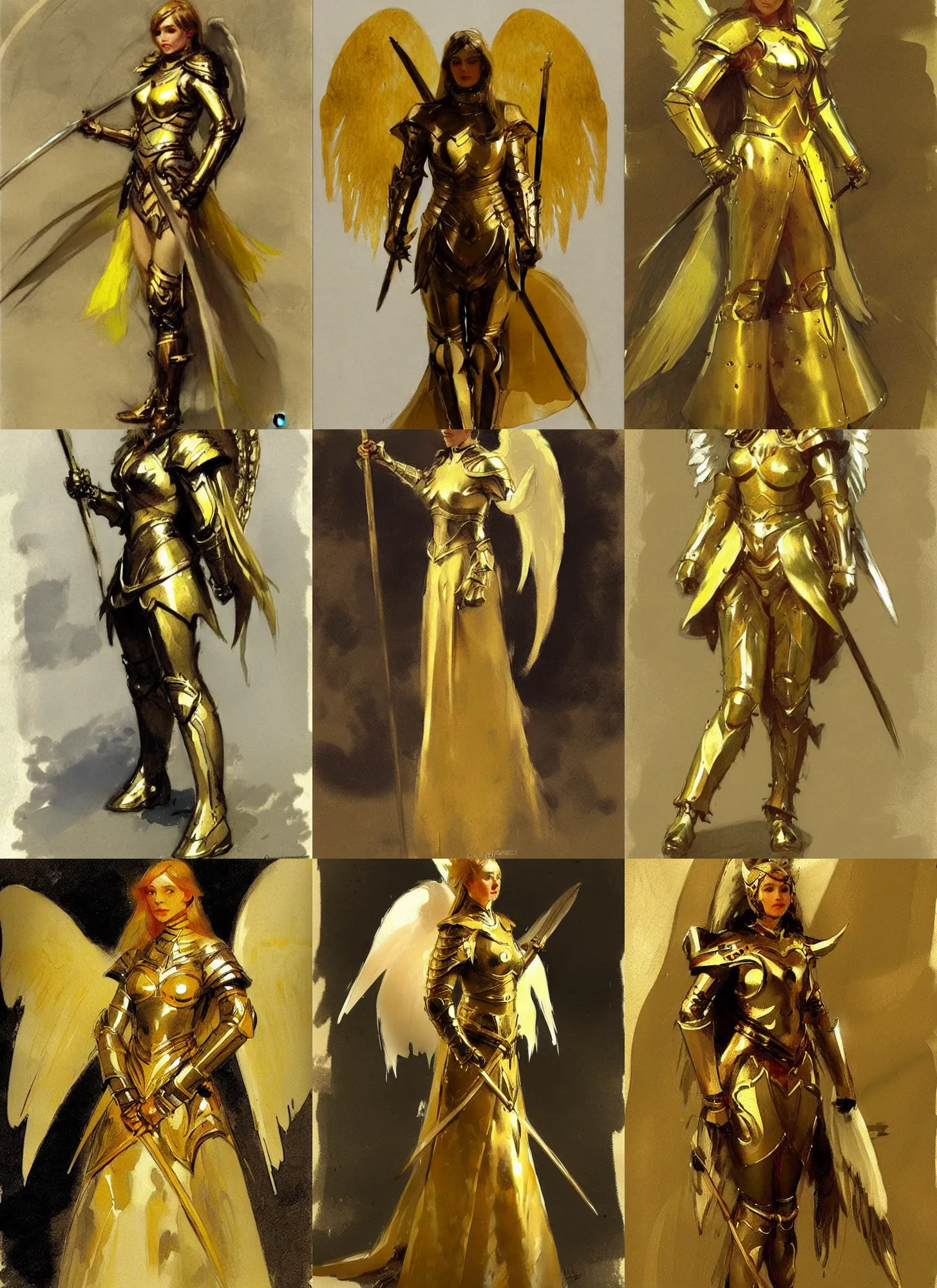 Prompt: concept art, angel knight girl in golden and cooper armor. by anders zorn * *