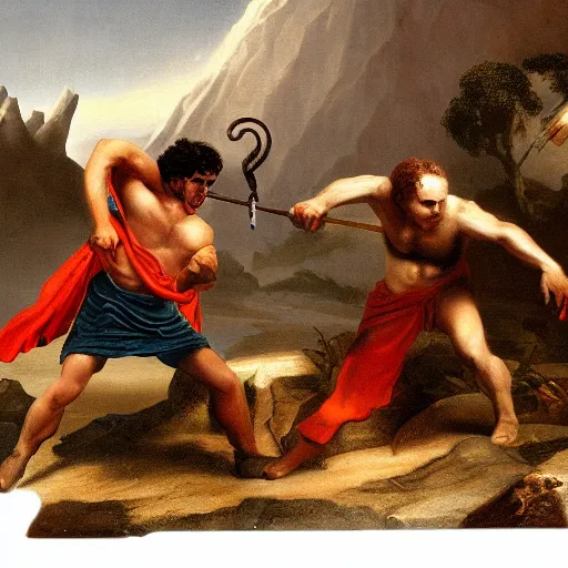 Prompt: Orpheus fighting the Cyclops, matte painting, high detail, clear resolution