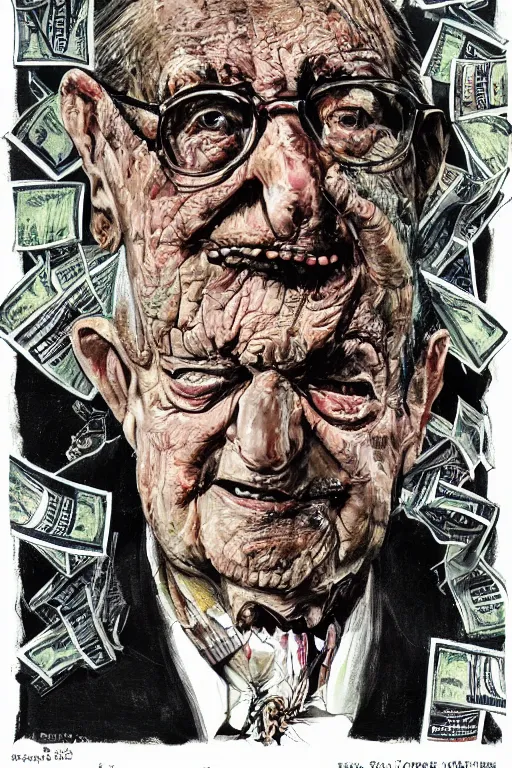 Image similar to George Soros full body shot, dollar bills Body horror, biopunk, by Ralph Steadman, Francis Bacon, Hunter S Thompson