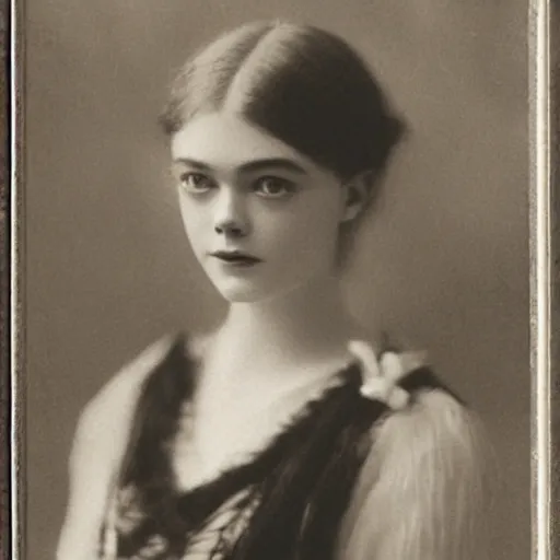 Image similar to Edwardian photograph of Elle Fanning, elegant, 1910s, 1900s, 1920s, grainy, detailed, realistic