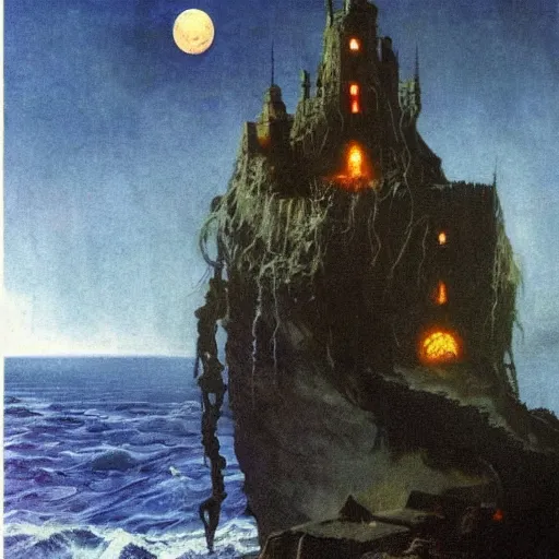 Image similar to an evil castle on a cliff above the ocean, night time, full moon, frank frazetta