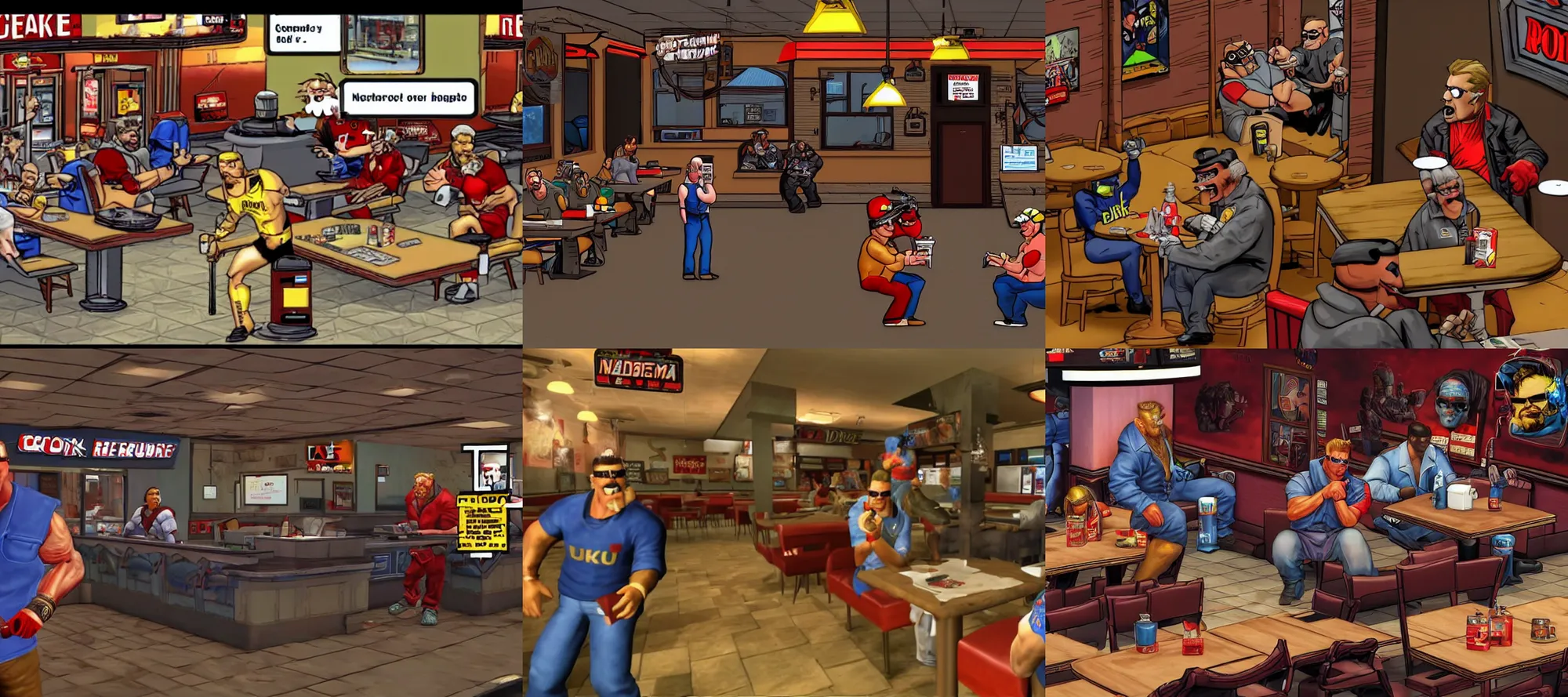 Prompt: wide shot of Duke Nukem and the Postal Dude casually at a Hardee's restaurant arguing over the legality of crack, as a screenshot of a cutscene rendered on a retro console; radiates masculine energy, emphasis on their cool faces