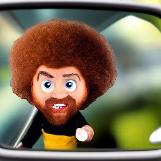 Image similar to a tiny screaming angry bob ross running your in rear view mirror