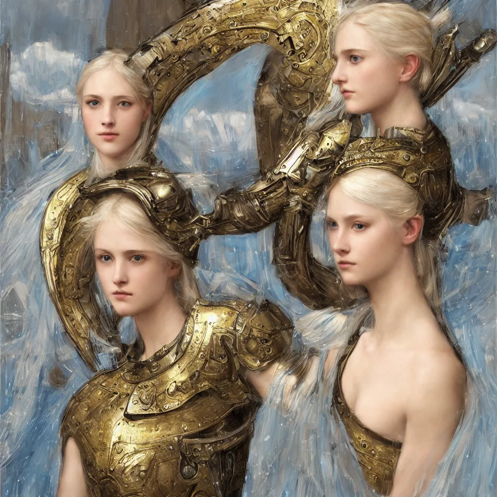 Image similar to armored beautiful pale platinum - blonde young woman with light blue eyes, soft gaze, a golden round halo around her head, wearing a fine decorated silver breastplate, painted by john william waterhouse : : 0. 5, epic fantasy, masterpiece, portrait, fine art, digital art, detailed, ultra - hd, cinematic, volumetric, intricate