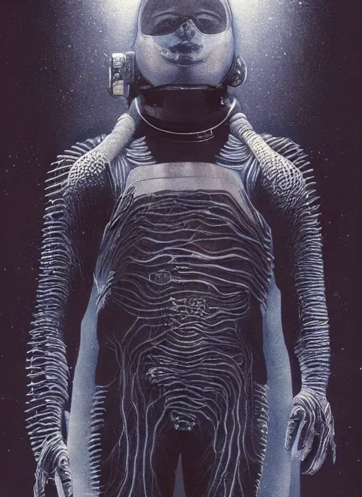 Image similar to divers astronauts in dark and empty void underwater - complex and hyperdetailed technical suit. reflection and dispersion materials. rays and dispersion of light. volumetric light. 5 0 mm, f / 3 2. noise film photo. flash photography. ultra realistic, wide angle. poster by wayne barlowe, hajime sorayama aaron horkey, craig mullins