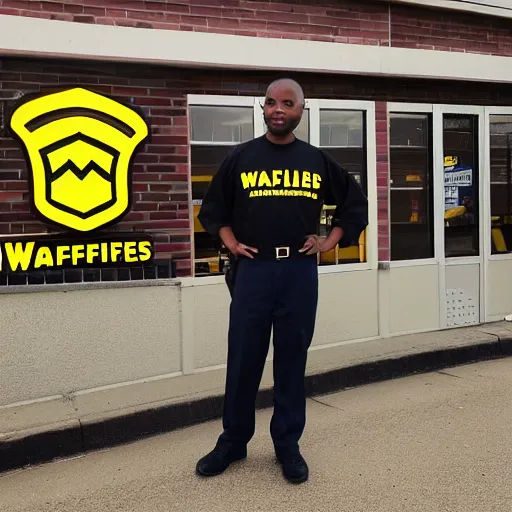 Image similar to wafflehouse employee's standing below wafflehouse sign, employees uniform is black and blue with yellow name tags