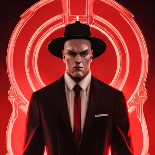 Prompt: a symmetrical portrait of agent 4 7 from hitman holding a rifle, dark background, red rim light, highly detailed, digital art, artstation, concept art, smooth, sharp focus, greg rutkowski, wlop