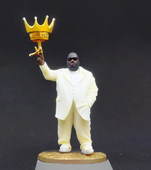 Prompt: notorious big with elegant white suit, with a gold crown, with a microphone, resin miniature, 2 8 mm heroic scale, games workshop, deity, citadel colour, glowing eyes, osl, nmm, r / paintedminis