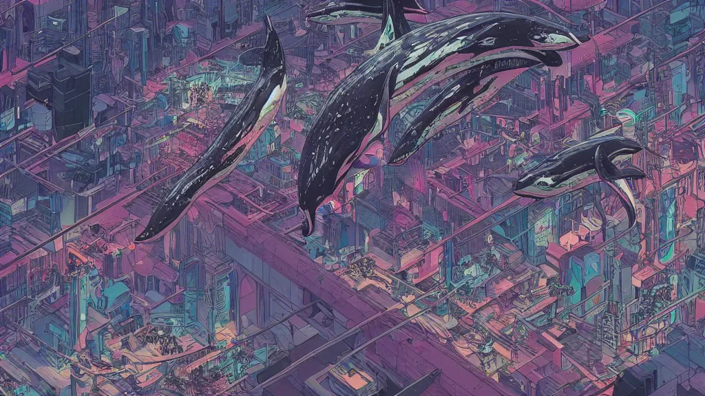 Image similar to highly detailed illustration of a pod of orcas flying over a cyberpunk city at night by kilian eng, moebius, nico delort, oliver vernon, joseph moncada, damon soule, manabu ikeda, 4 k resolution