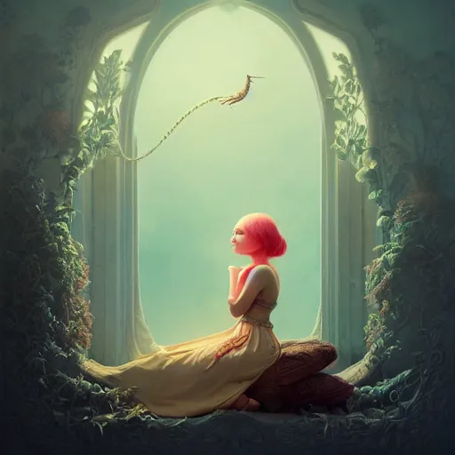 Image similar to lullaby of hope happiness of beautiful young woman, moody : : wes anderson, roger dean, sophie anderson, esao andrews : : ornate, dynamic, particulate, intricate, elegant, highly detailed, centered, artstation, smooth, sharp focus, octane render, 3 d