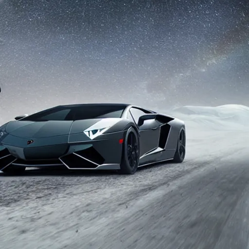 Image similar to A cinematic film still of a futuristic Lamborghini in the movie Interstellar.