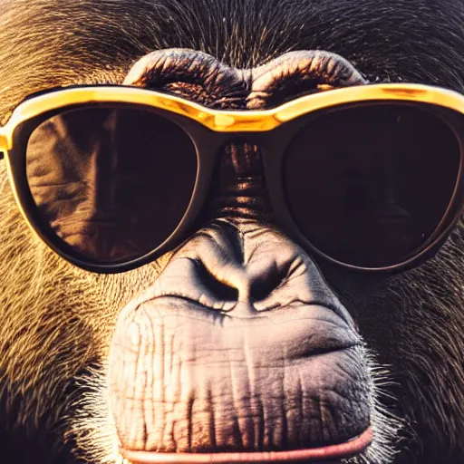 Prompt: high quality 8 k landscape movie still of a smiling and arrogantly wise looking chimpanzee wearing cool dark sunglasses, highly detailed, cinematic composition, cinematic lighting, 1 9 8 0 s retro hippie vintage hipster art