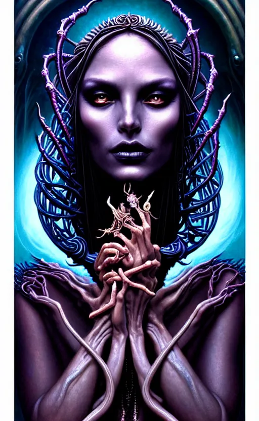 Image similar to A beautiful detailed alien goddess woman with 6 arms super dark tarot card, gorgeous model face by Stanley Artgerm, by tomasz alen kopera and Justin Gerard, 4 eyes, beautiful symmetrical features, ominous, magical realism, melting, texture, intricate, ornate, royally decorated, melting, whirling smoke, embers, purple adornments, blue torn fabric, radiant colors, fantasy, trending on artstation, volumetric lighting, micro details, 3d sculpture, ray tracing, 8k, anaglyph effect