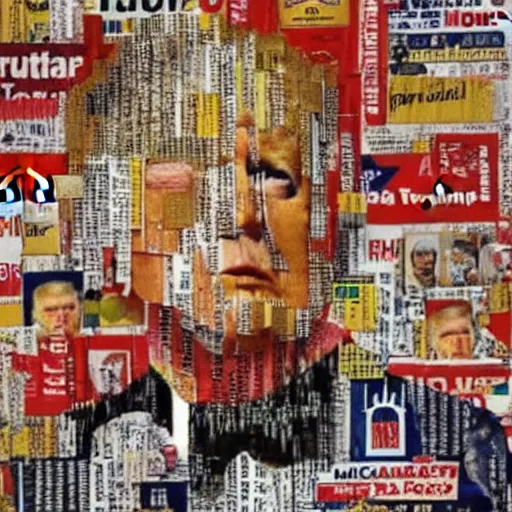 Image similar to a portrait of a donald trump constructed from mcdonalds packaging, collage, trash, layered composition, layers, texture, mcu,, highly textured, layered, sculpted, dynamic,