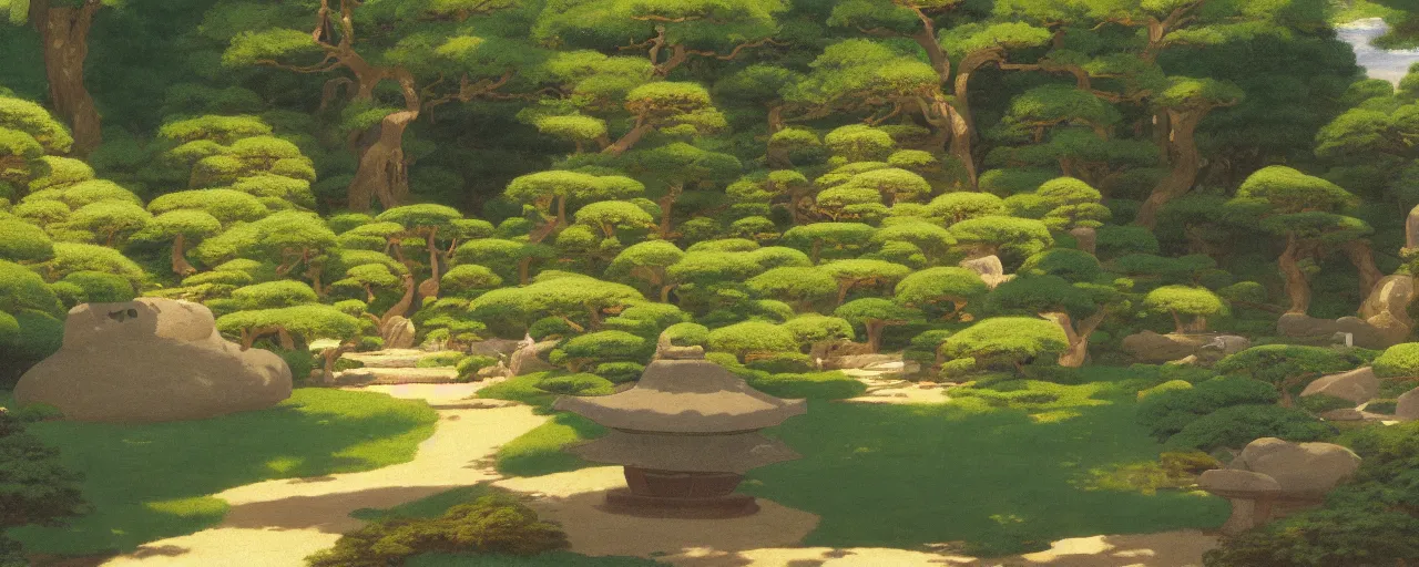 Image similar to ghibli illustrated background of a japanese zen garden by eugene von guerard, ivan shishkin, john singer sargent, 4 k