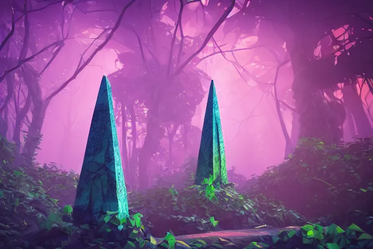 Image similar to super detailed color lowpoly art, overgrown mystical forest meadow, ancient stone obelisk with subtle glowing runes, thick vines wrapping around, unreal engine, retrowave color palette, 3 d render, lowpoly, colorful, digital art, perspective