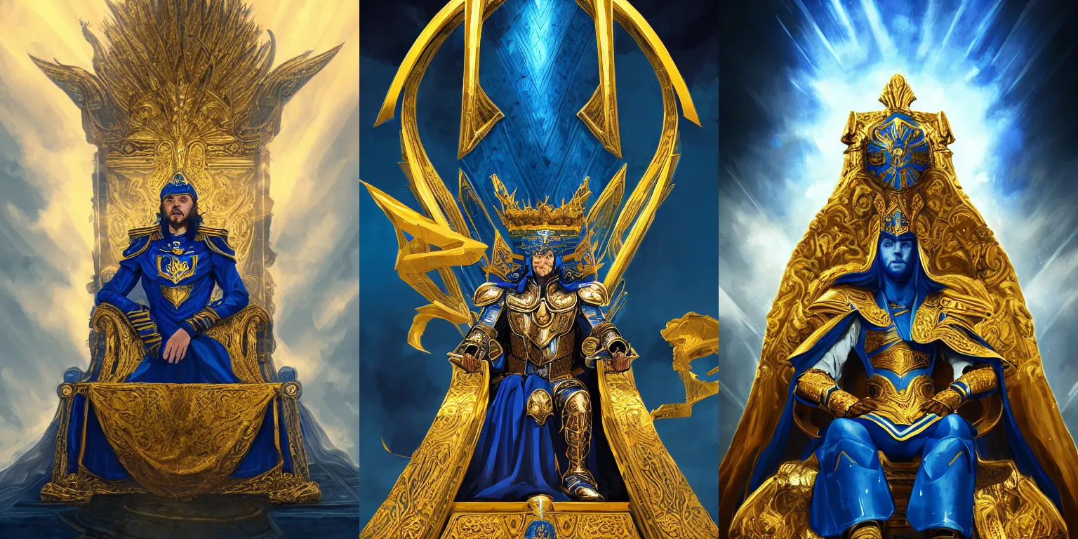 Prompt: Half-length portrait of the azur emperor sitting on its throne. Blue clothing, gold heavy armor. Dramatic, atmospheric lighting, shadows. High fantasy, digital art, HD, 4k, detailed, illustration.