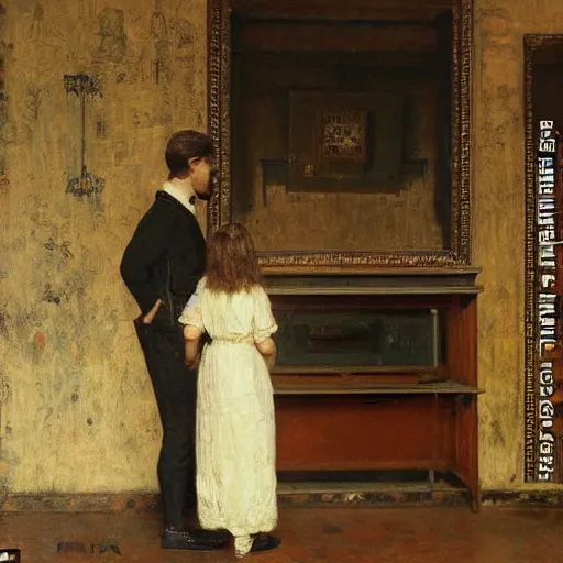 Image similar to a young man and a young woman solving an escape room puzzle, mysterious markings on the wall, by alfred stevens